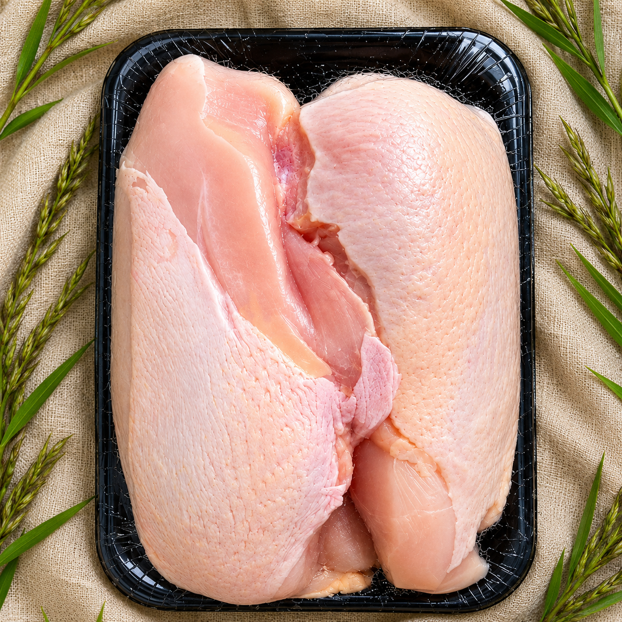 Two raw chicken breasts in a black plastic tray, photographed from above on a beige fabric background with green plant sprigs around the edges.