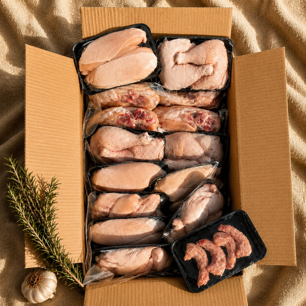 An overhead flat-lay of a cardboard box filled with packaged raw chicken pieces and a small tray of raw shrimp, styled with garlic and rosemary on a beige fabric background.