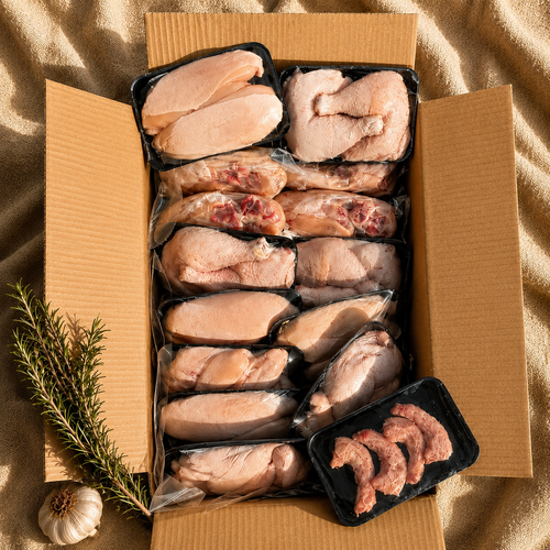 An overhead flat-lay of a cardboard box filled with packaged raw chicken pieces and a small tray of raw shrimp, styled with garlic and rosemary on a beige fabric background.