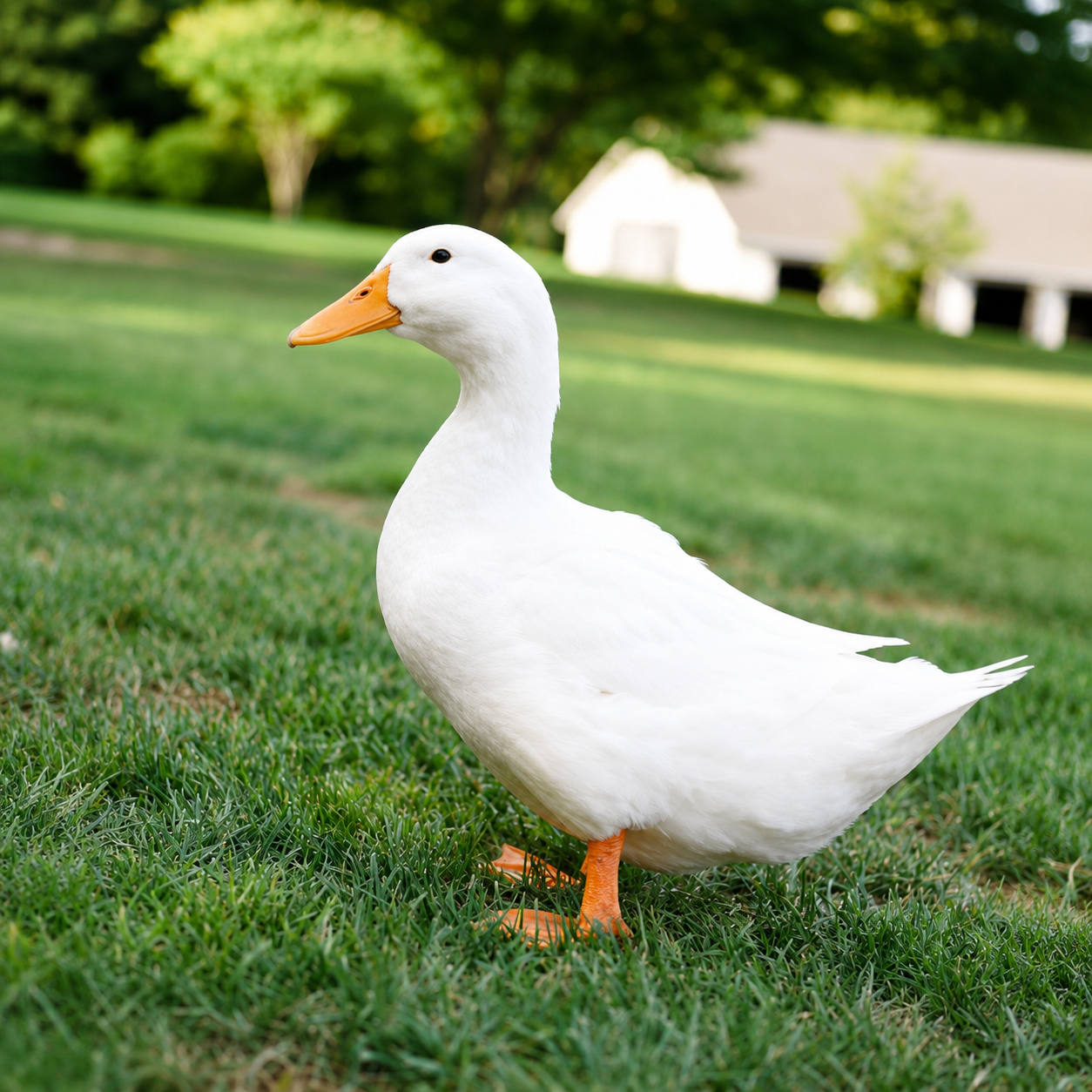A white domestic duck standing on green grass outdoors, with trees and a blurred building in the background.