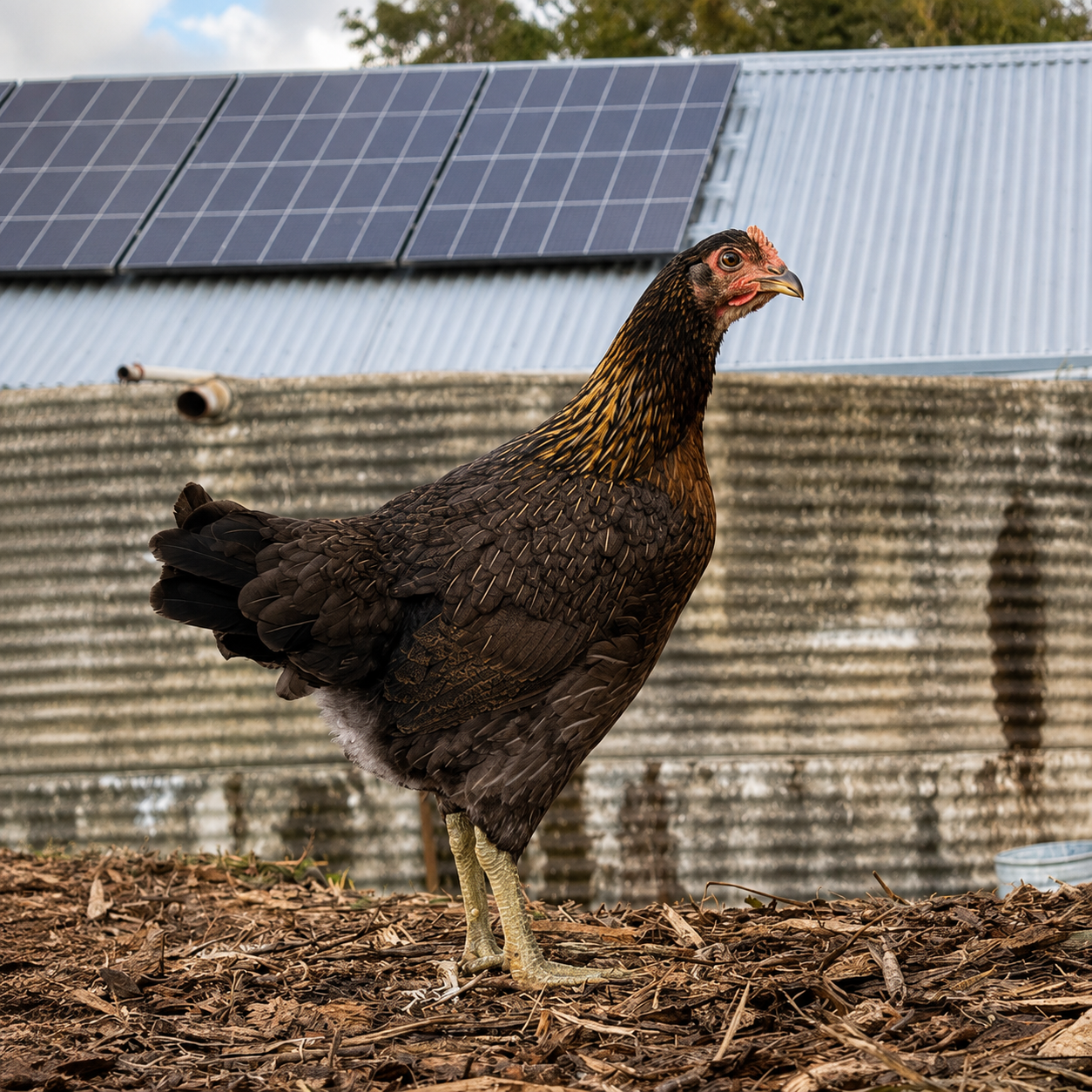 A dark brown hen with yellow neck feathers stands on mulch in front of a corrugated metal barn wall with solar panels in the background.