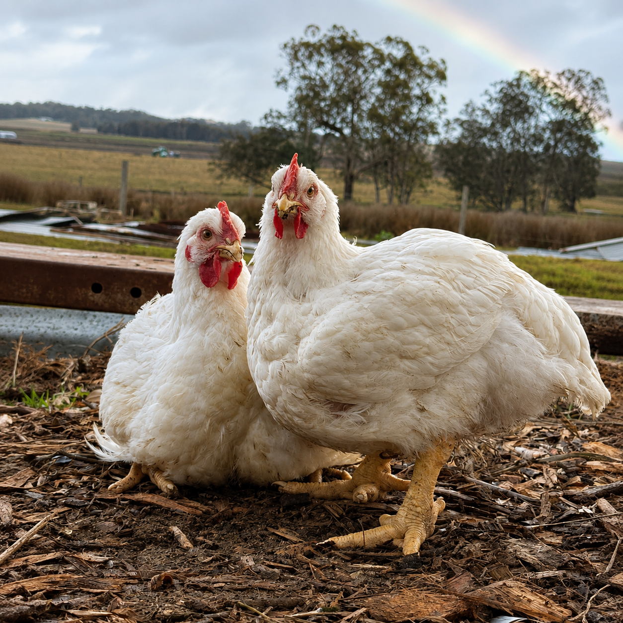 Two white chickens standing on mulch outdoors with trees, fields, and a cloudy sky in the background.