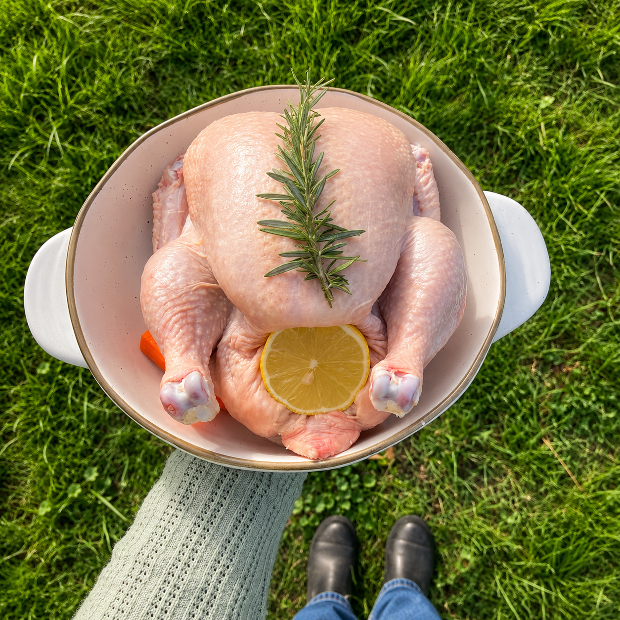 A whole raw chicken placed in a white ceramic baking dish with a gold rim, topped with a sprig of rosemary and a lemon slice, photographed from above on grass with a person's leg and shoes visible at the bottom.