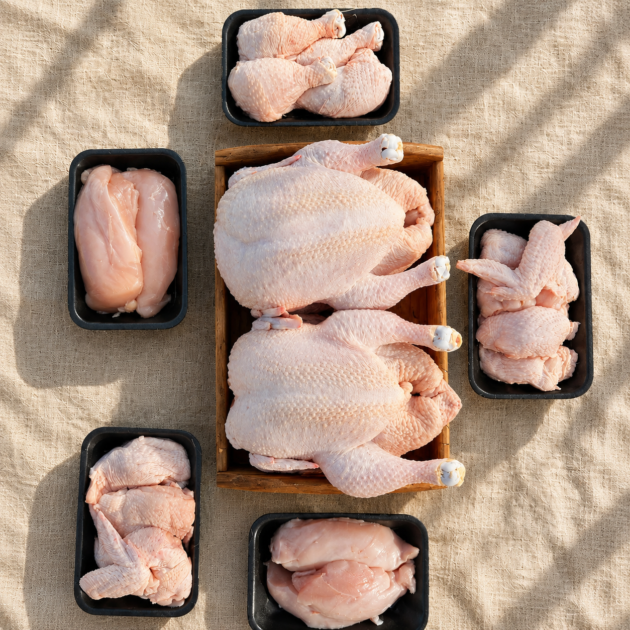 Raw whole chickens and chicken parts arranged in black trays on a beige fabric surface, with the whole chicken placed in a wooden tray in the center.