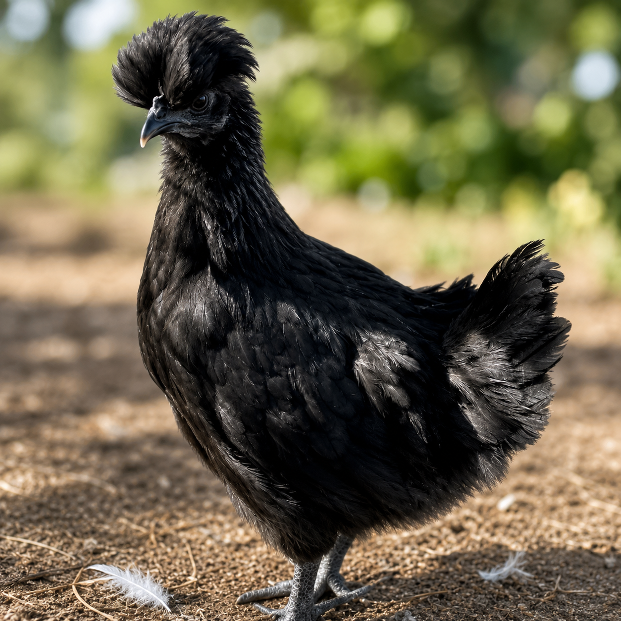 A black Silkie chicken with a prominent crest feather on its head standing on a dirt ground with a soft green and brown blurred background.